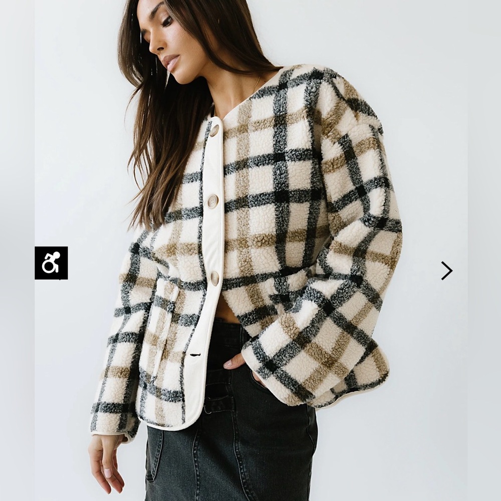 Jasper Gingham Sherpa Plaid Jacket Cozy Oversized Women’s Medium Pockets NWT